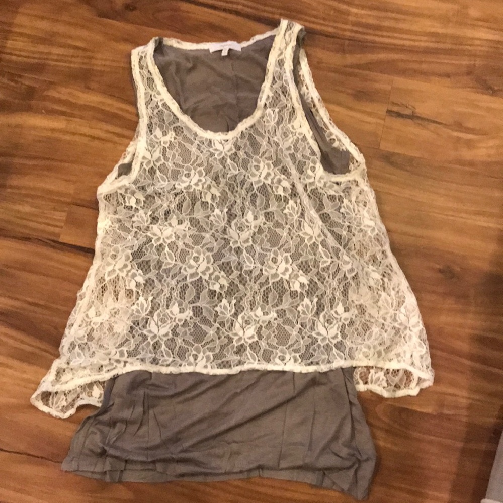 White lace tank top with tan colored lining